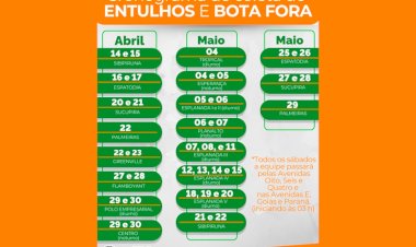 Prefeitura de Chapadão do Sul divulga calendário de coletas de entulhos para final de abril e maio