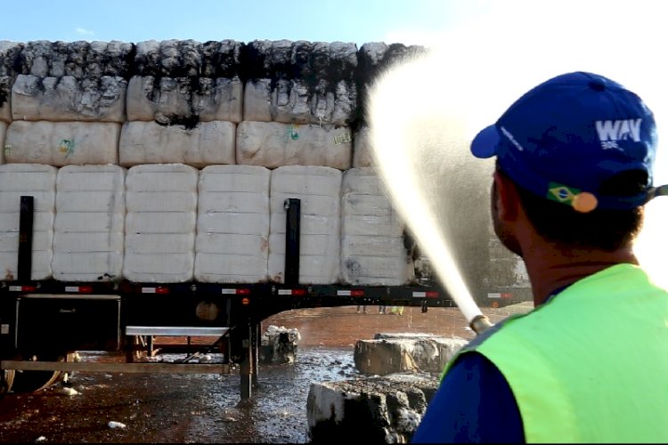 Carga de algodão pega fogo em vagão de rodotrem na MS-306