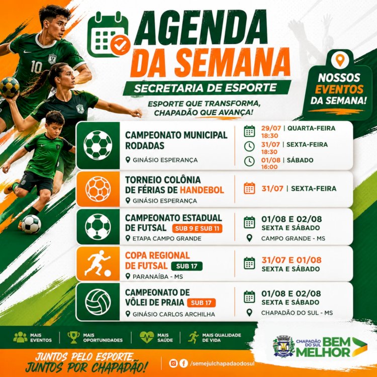 Prefeitura Municipal de Chapadão do Sul divulga agenda esportiva da semana com competições locais e regionais