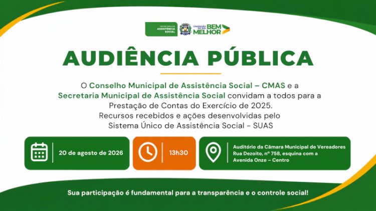 Audiência Pública do CMAS acontece hoje (20) para prestação de contas da Assistência Social