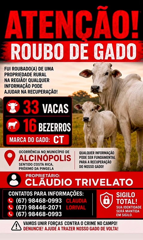 Atenção. Furtadas 49 cabeças de gado em Figueirão